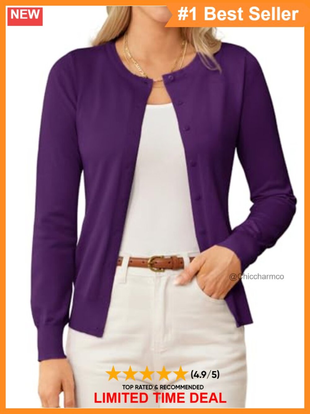 Soft Knit Button Down Crew Neck Long Sleeve Slim Fit Cardigan Sweater